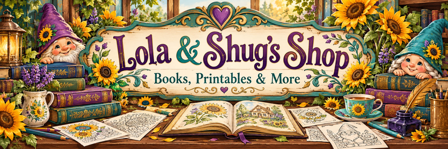 Lola & Shug's Shop: Books, Printables & More. Two smiling gnomes among sunflowers, books and coloring pages.